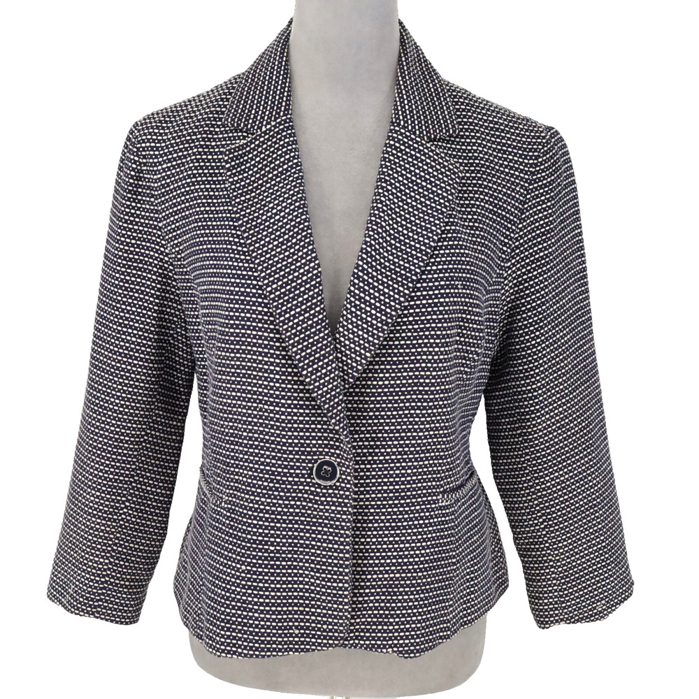 Cynthia Rowley Jacket Womens Large Navy Blue White Cotton Lined Blazer Career